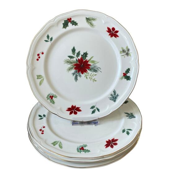 Grace Teaware Christmas Poinsettia Dinner Plates 10.25in Set 4 Holly Berry New - Picture 1 of 16